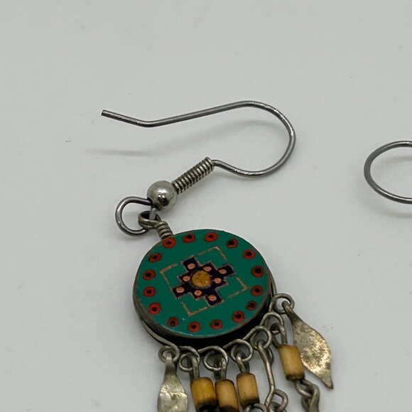 Vintage Southwestern Dangle Earrings Hand Painted Tribal Boho Geometric Fringe - Picture 6 of 13